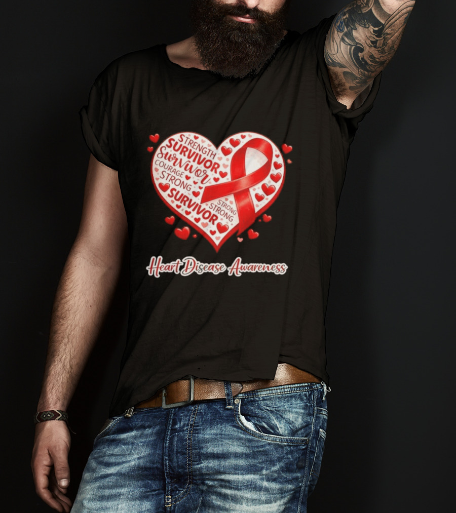 Survivor Strength Courage Strong Heart Disease Awareness Red Ribbon T-Shirt