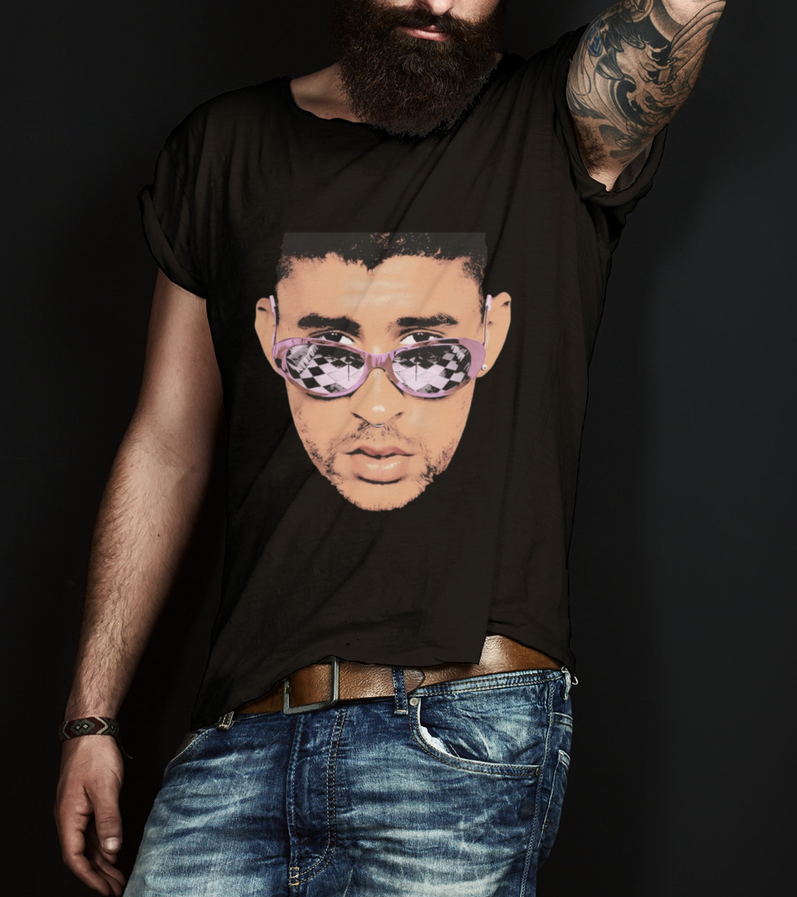 Bad Bunny Big Face Pastel Sunglasses Checkered T-Shirt