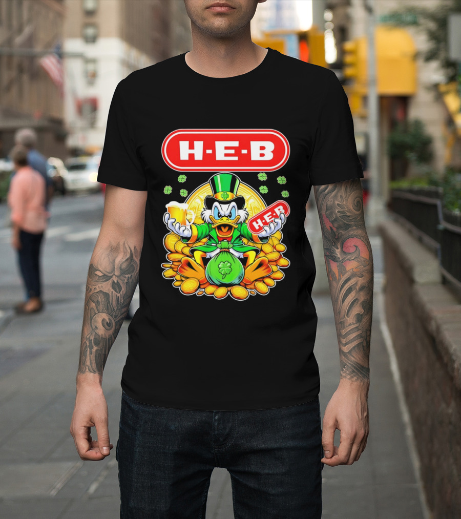 H E B St Patricks Day Scrooge McDuck Coins And Clover Hat T-Shirt