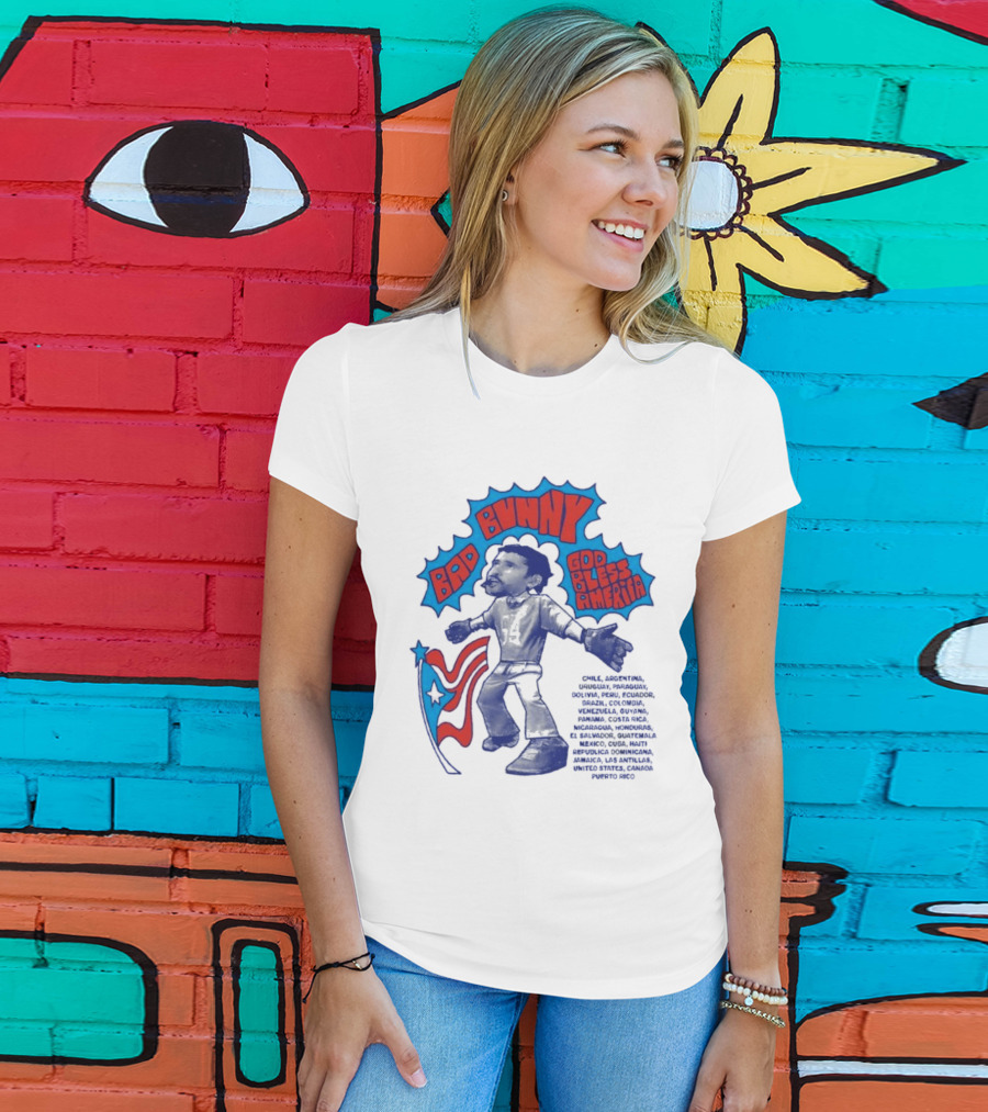 Bad Bunny God Bless America Featuring Puerto Rico Flag Map Of Americas T-Shirt