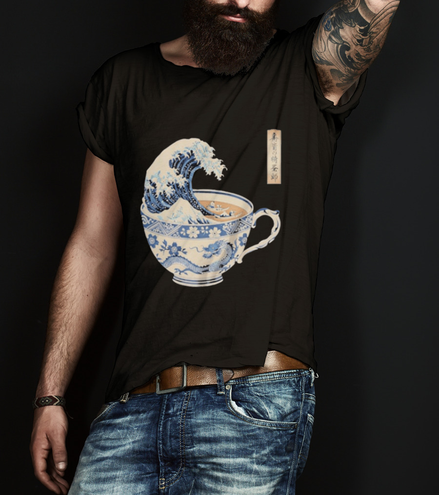 The Great Kanagawa Tea Cup Ukiyo E Wave Meets Dragon Porcelain T-Shirt