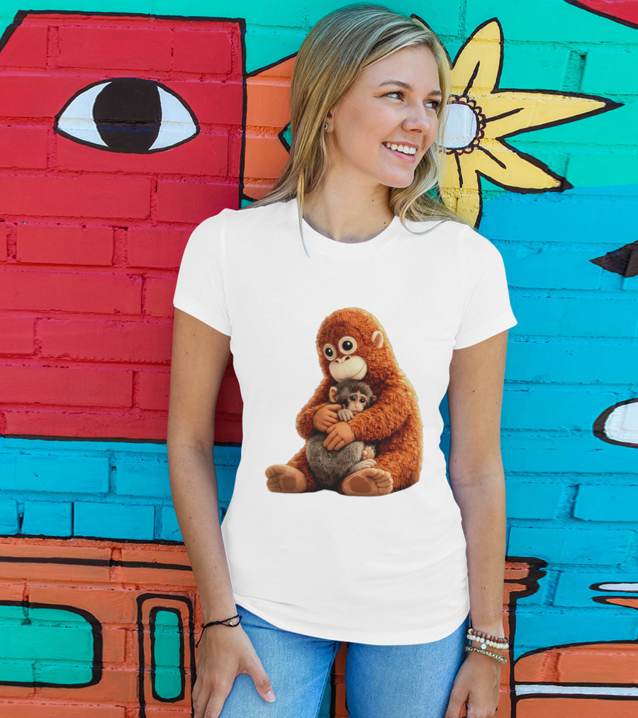 Punch Monkey Hugging Plush Baby Monkey T-Shirt