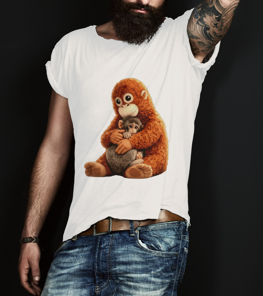 Punch Monkey Hugging Plush Baby Monkey T-Shirt