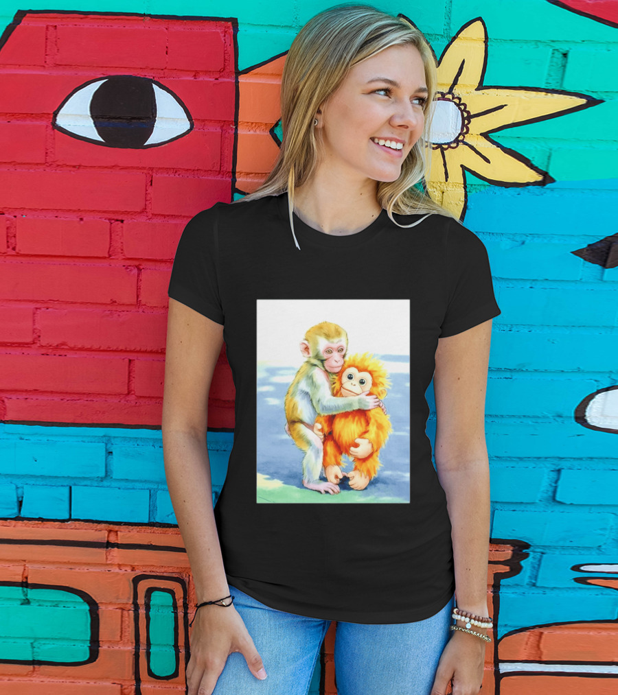 Adorable Monkey Cuddling Orange Plush Toy Scene T-Shirt