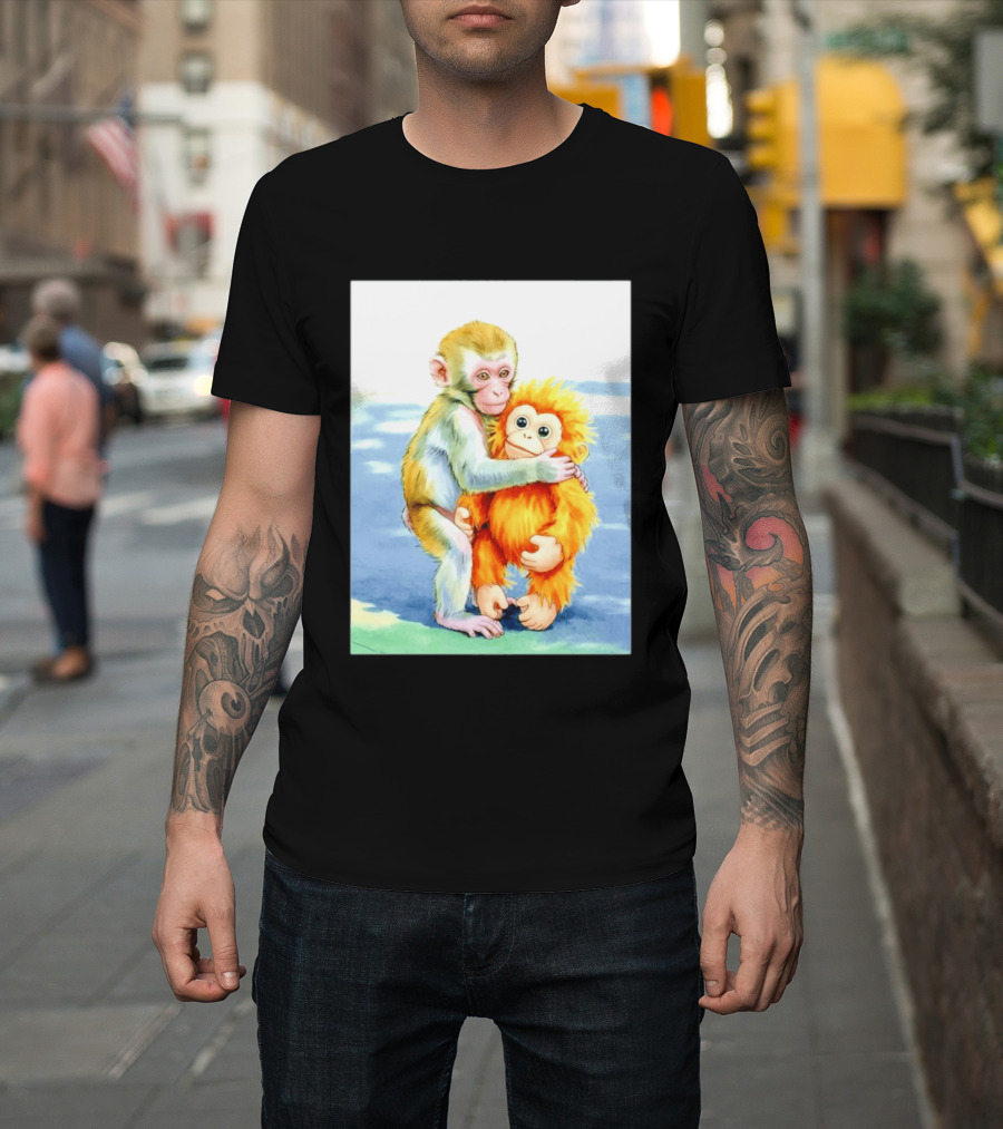 Adorable Monkey Cuddling Orange Plush Toy Scene T-Shirt