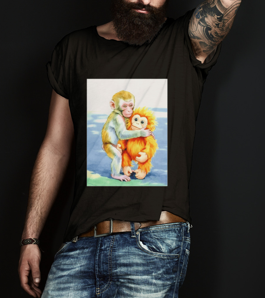 Adorable Monkey Cuddling Orange Plush Toy Scene T-Shirt