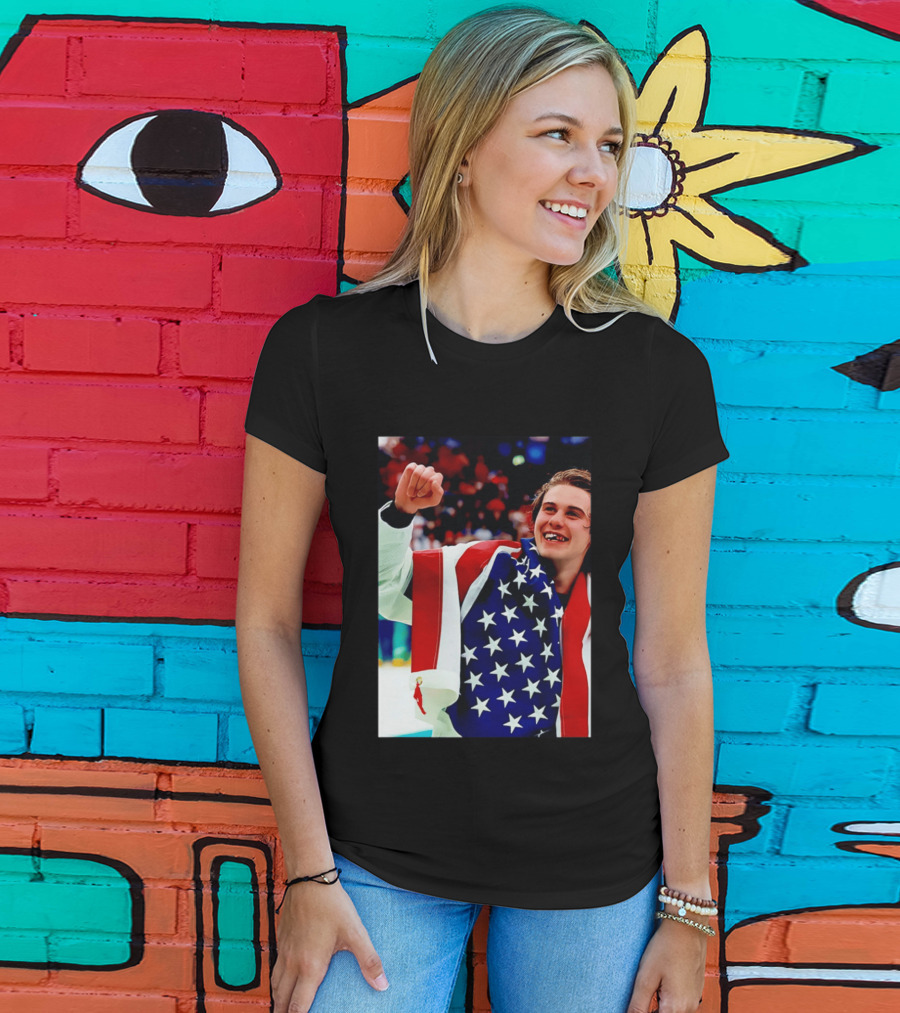 Jack Hughes Celebrating Team USA Hockey Star Spangled Moment T-Shirt