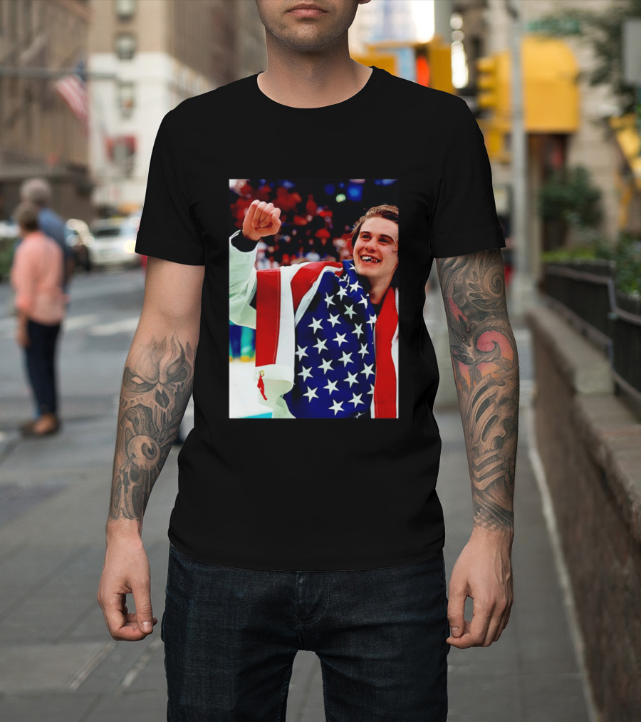 Jack Hughes Celebrating Team USA Hockey Star Spangled Moment T-Shirt