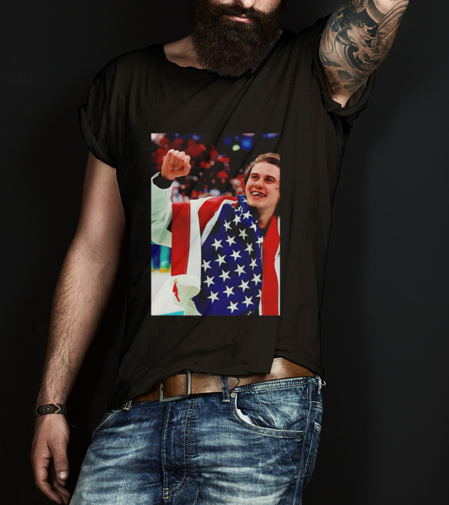 Jack Hughes Celebrating Team USA Hockey Star Spangled Moment T-Shirt