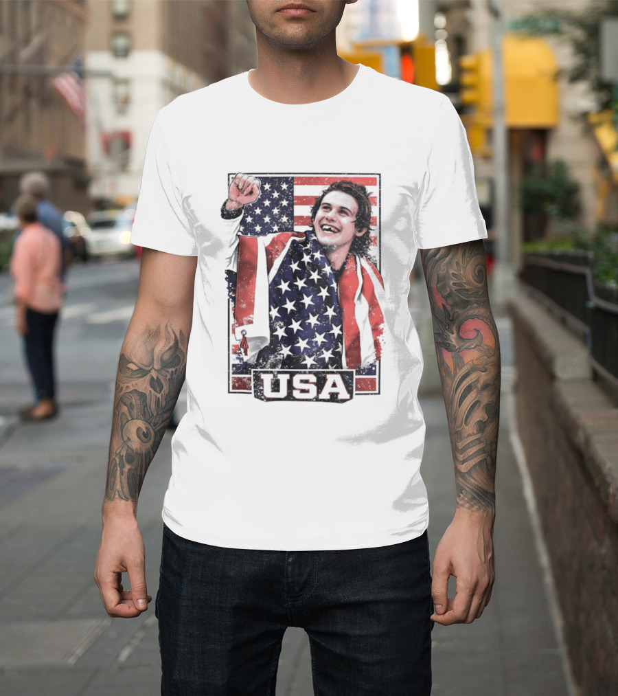 Jack Hughes USA Gold Medal Milano Cortina 2026 American Flag Hockey T-Shirt