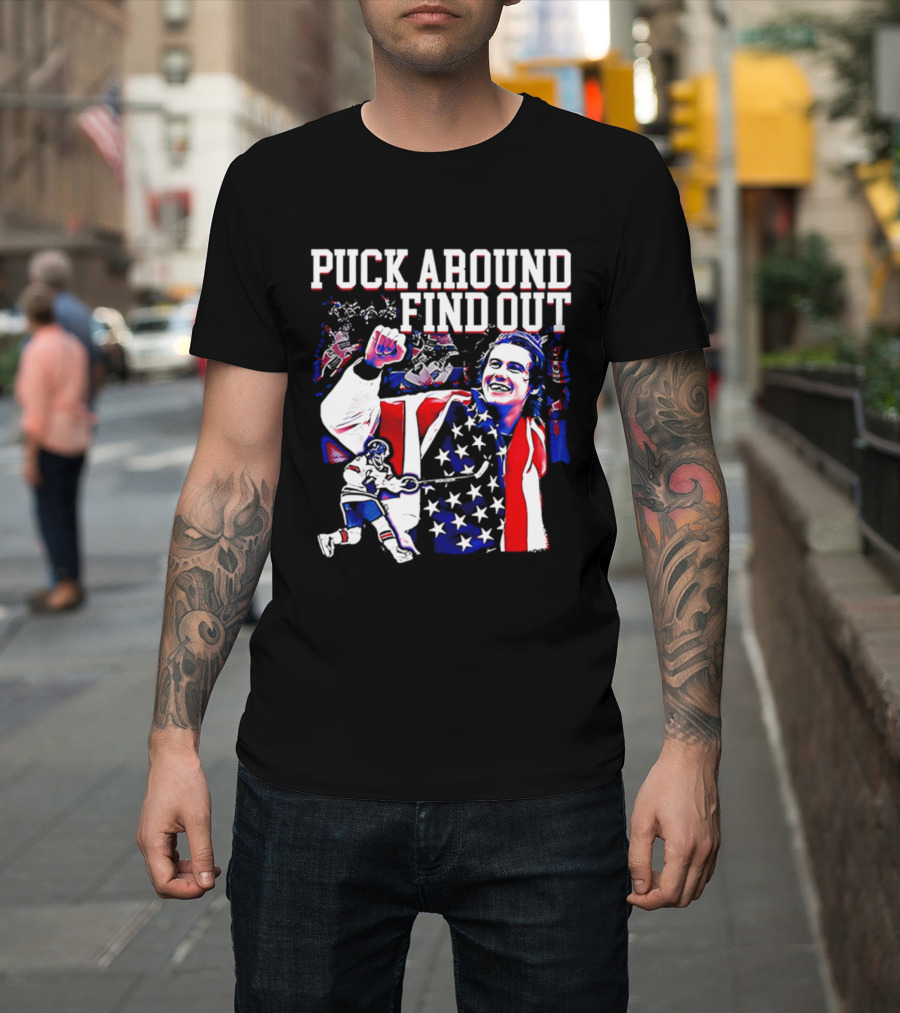 Puck Around Find Out Jack Hughes USA Hockey American Flag Celebration T-Shirt