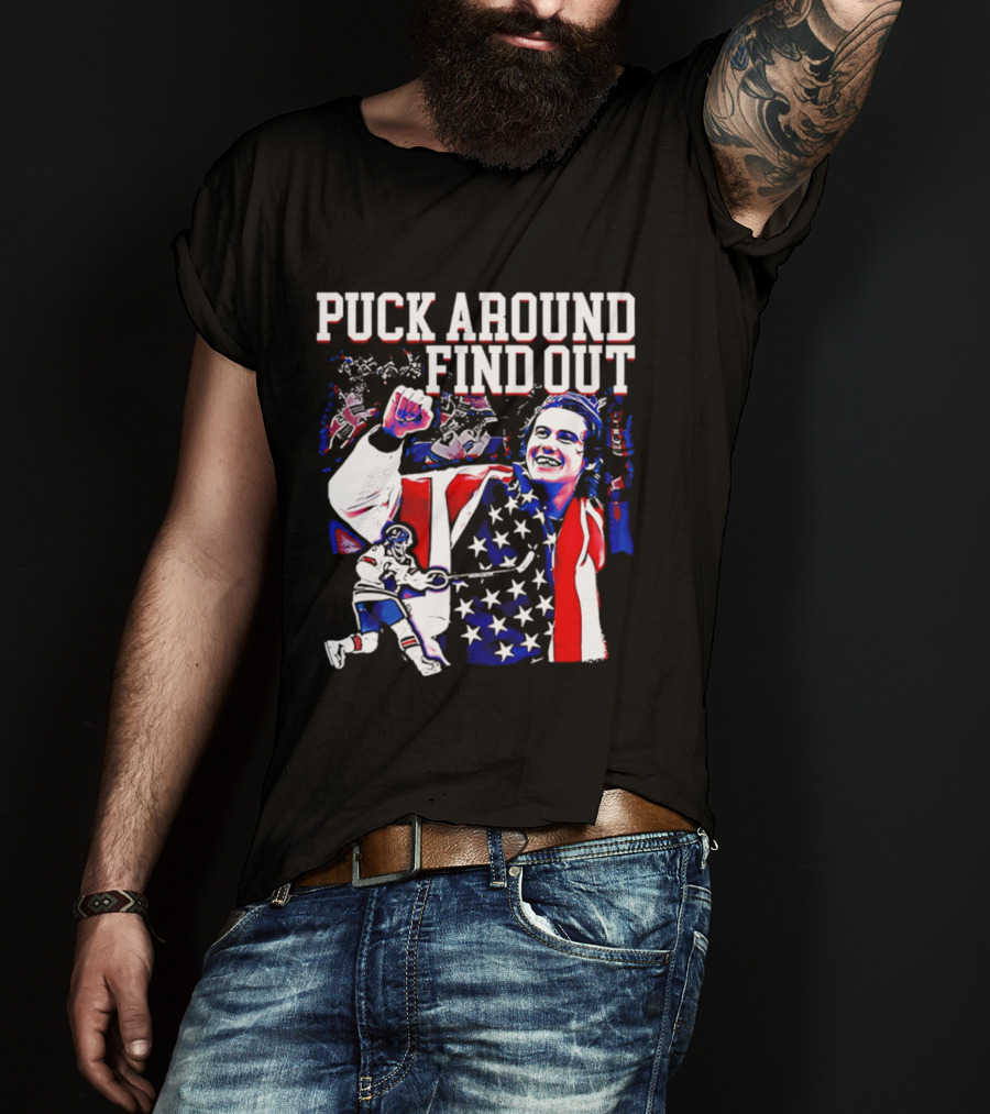 Puck Around Find Out Jack Hughes USA Hockey American Flag Celebration T-Shirt