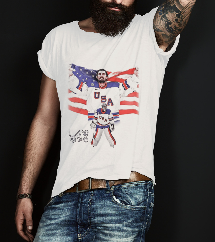 Connor Hellebuyck Team USA Olympic Gold Celebration Hockey Player With American Flag T-Shirt