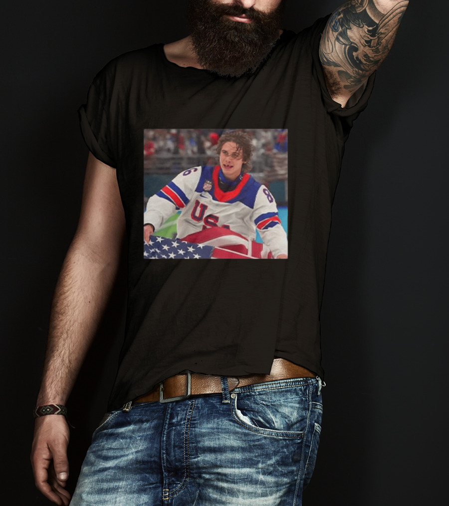 USA Hockey Jack Hughes Team 86 American Flag T-Shirt