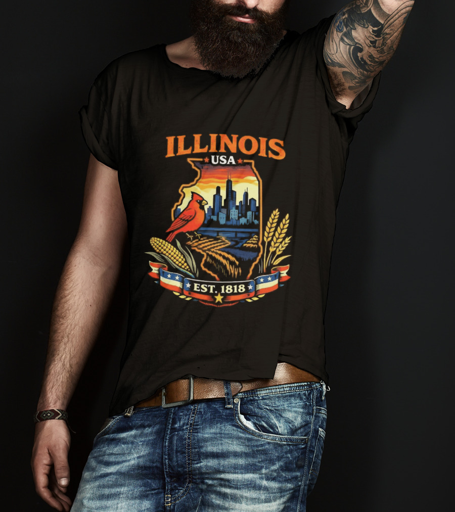Illinois USA 1818 Cardinal Skyline Corn Wheat T-Shirt