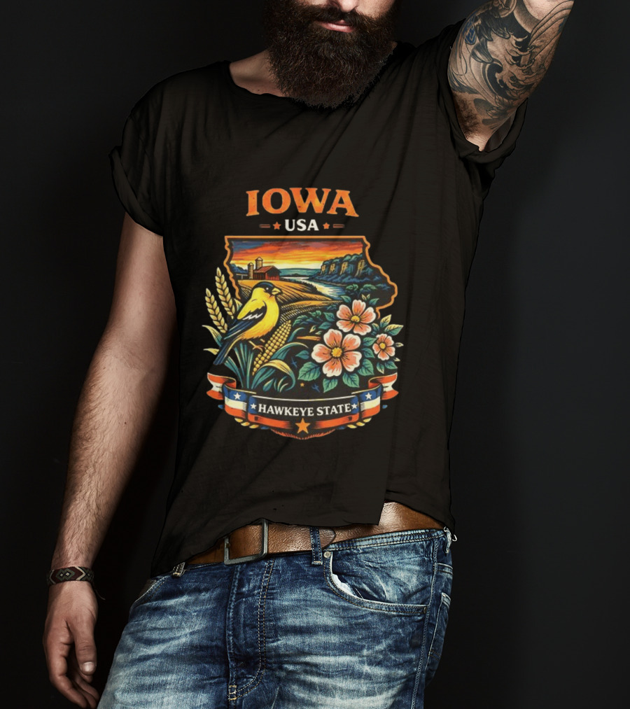 Iowa USA Hawkeye State Scenic Landscape With Bird And Flowers T-Shirt