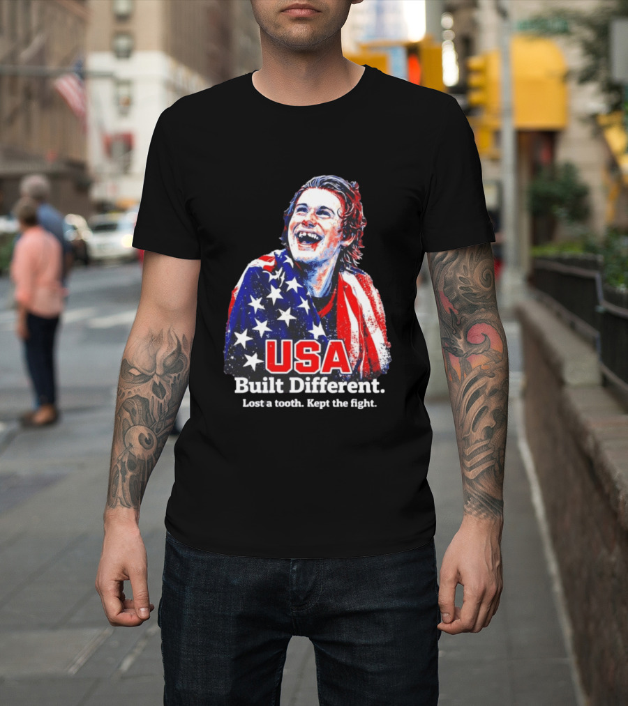 USA Gold Hockey Jack Hughes Built Different Lost A Tooth Kept The Fight T-Shirt