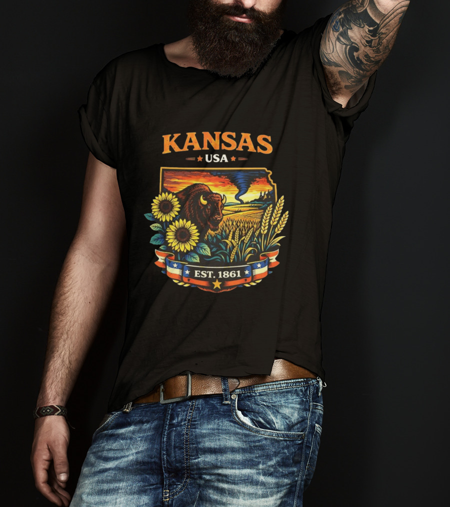 Kansas USA Buffalo Sunflowers Wheat Tornado Est 1861 T-Shirt