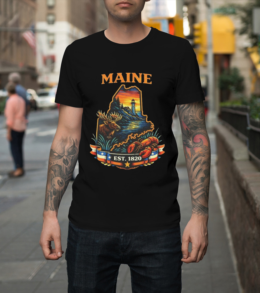 Maine Sunset Est 1820 Lighthouse Moose Lobster USA Landscape T-Shirt