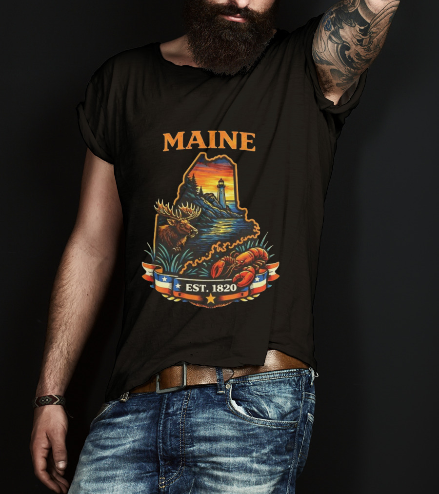 Maine Sunset Est 1820 Lighthouse Moose Lobster USA Landscape T-Shirt
