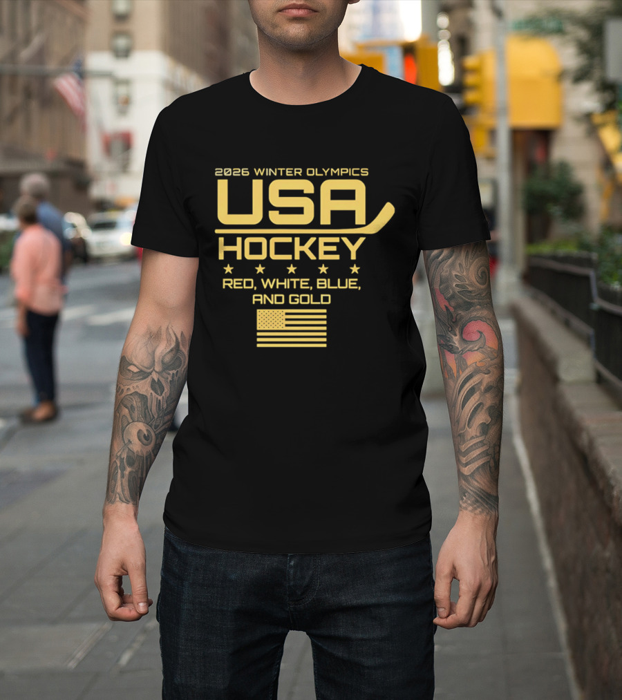 USA Hockey 2026 Winter Olympics Red White Blue Gold Flag T-Shirt