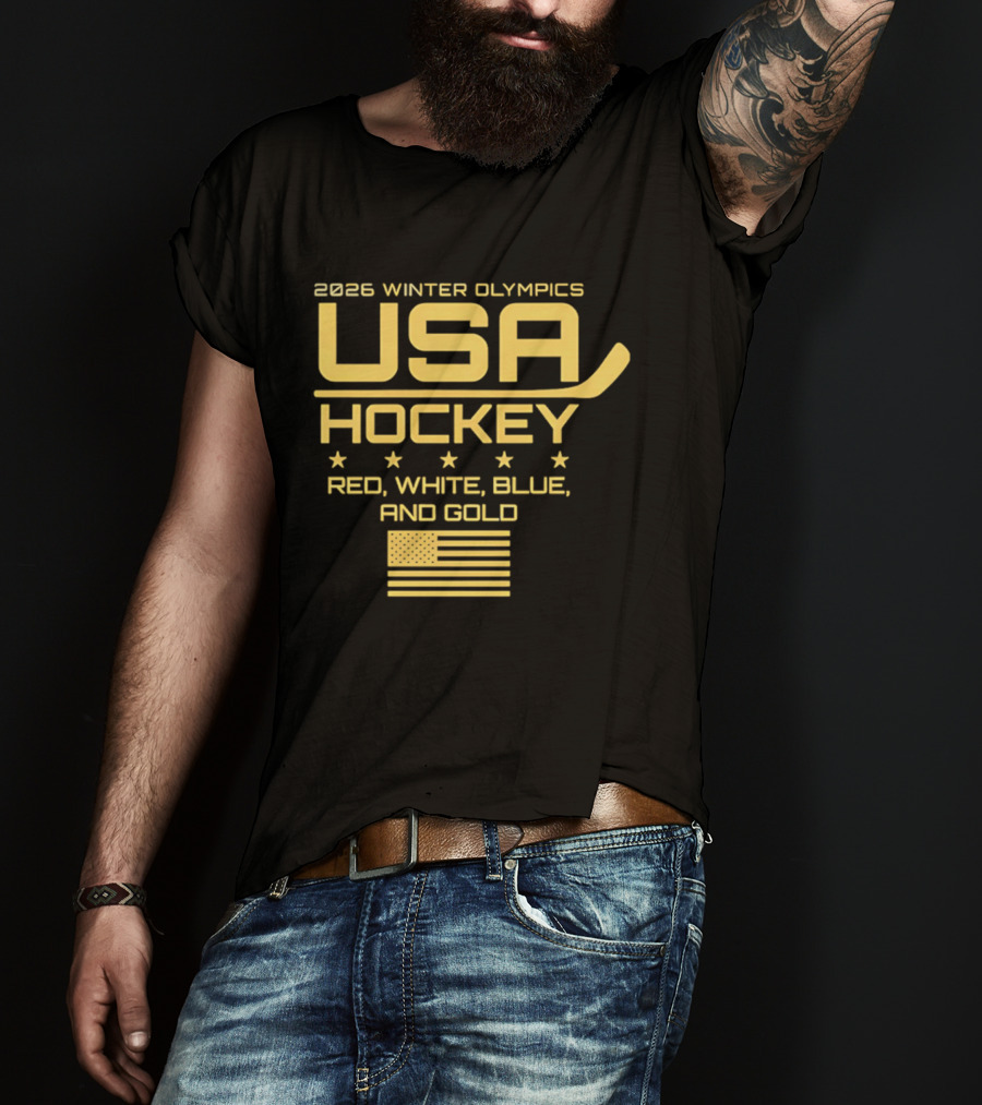 USA Hockey 2026 Winter Olympics Red White Blue Gold Flag T-Shirt