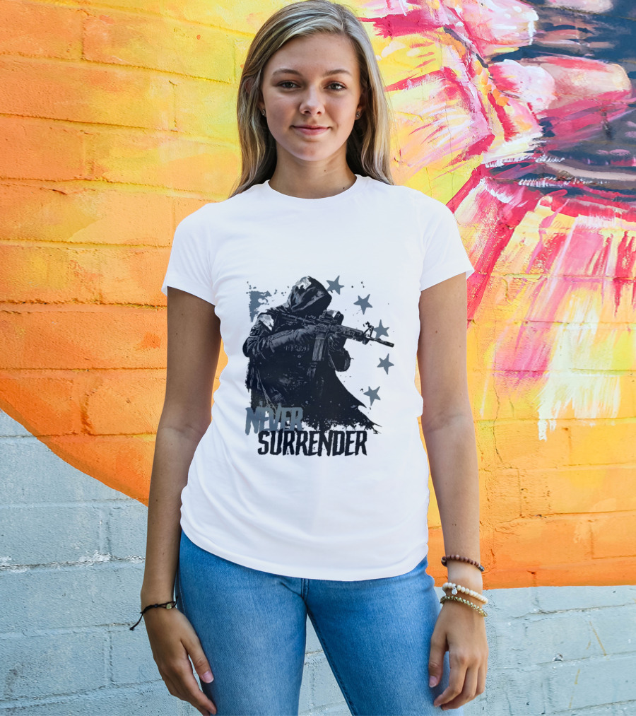 Never Surrender Reaper With Hooded Figure And Rifle T-Shirt