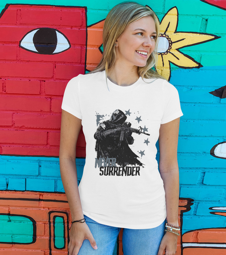 Never Surrender Reaper With Hooded Figure And Rifle T-Shirt