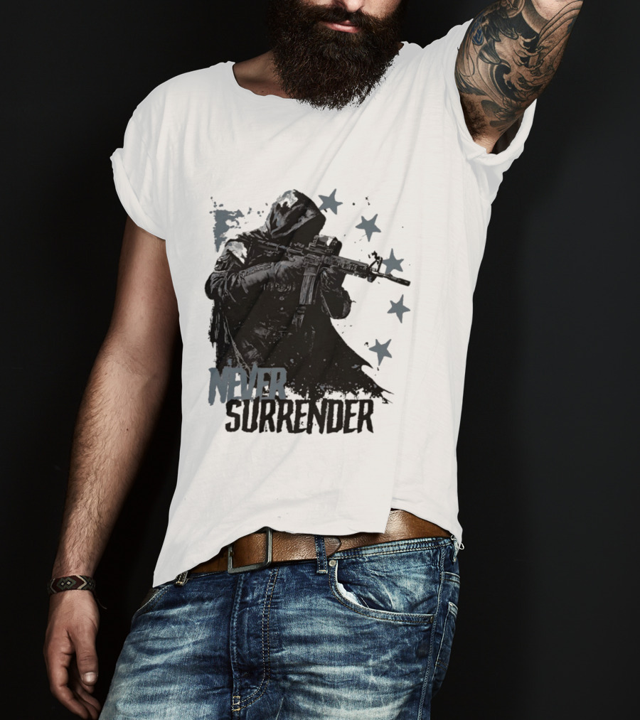 Never Surrender Reaper With Hooded Figure And Rifle T-Shirt