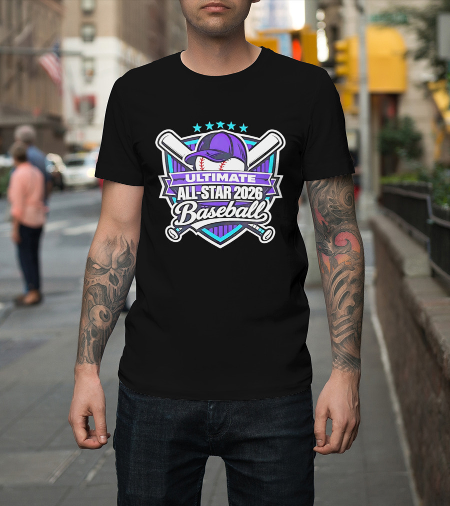 Ultimate All Star 2026 Baseball Purple Cap And Crossed Bats T-Shirt