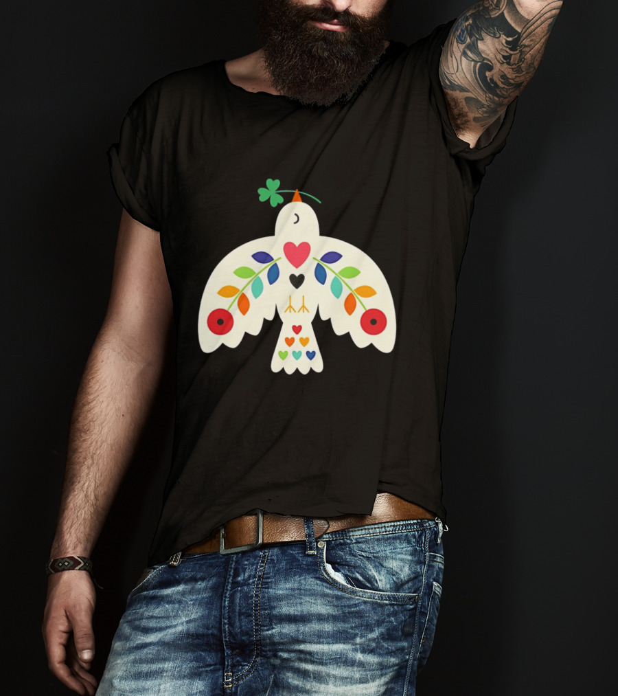 Luck Peace Love Dove With Shamrock And Colorful Hearts T-Shirt
