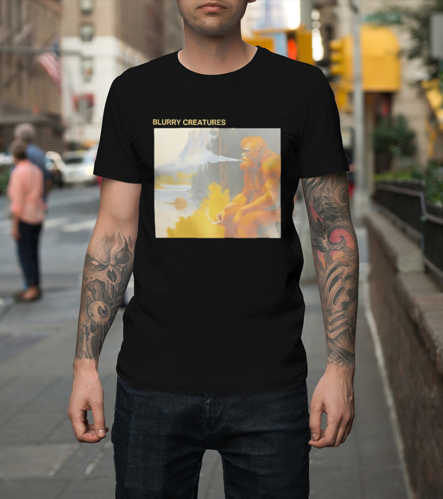 Bigfoot Blurry Creatures Smoking By Lake Mountain Scene T-Shirt