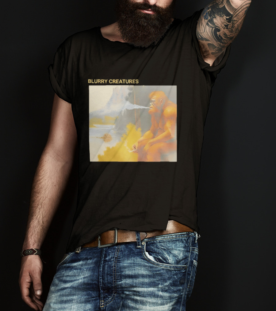 Bigfoot Blurry Creatures Smoking By Lake Mountain Scene T-Shirt
