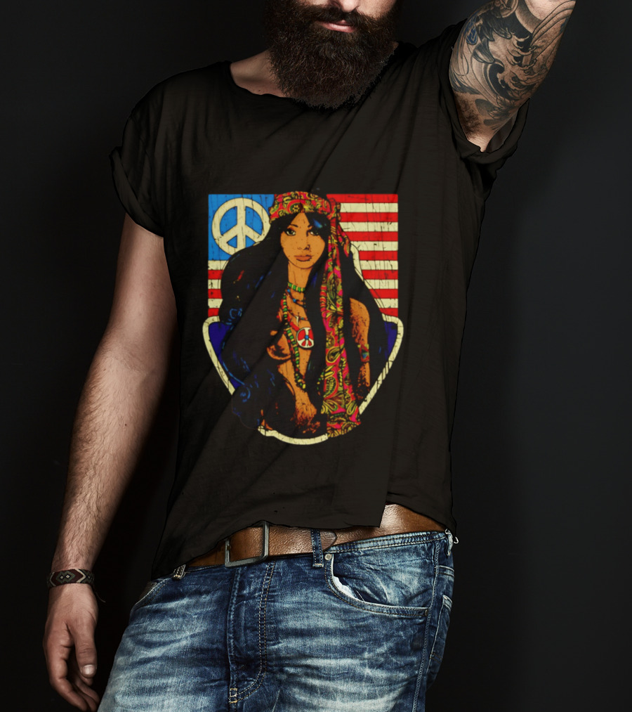 Peace Is Natural 1969 Bohemian Hippie Woman American Flag T-Shirt