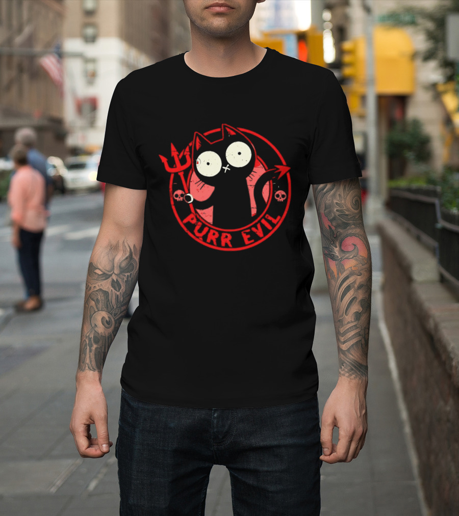 Purr Evil Cat With Trident And Skulls T-Shirt
