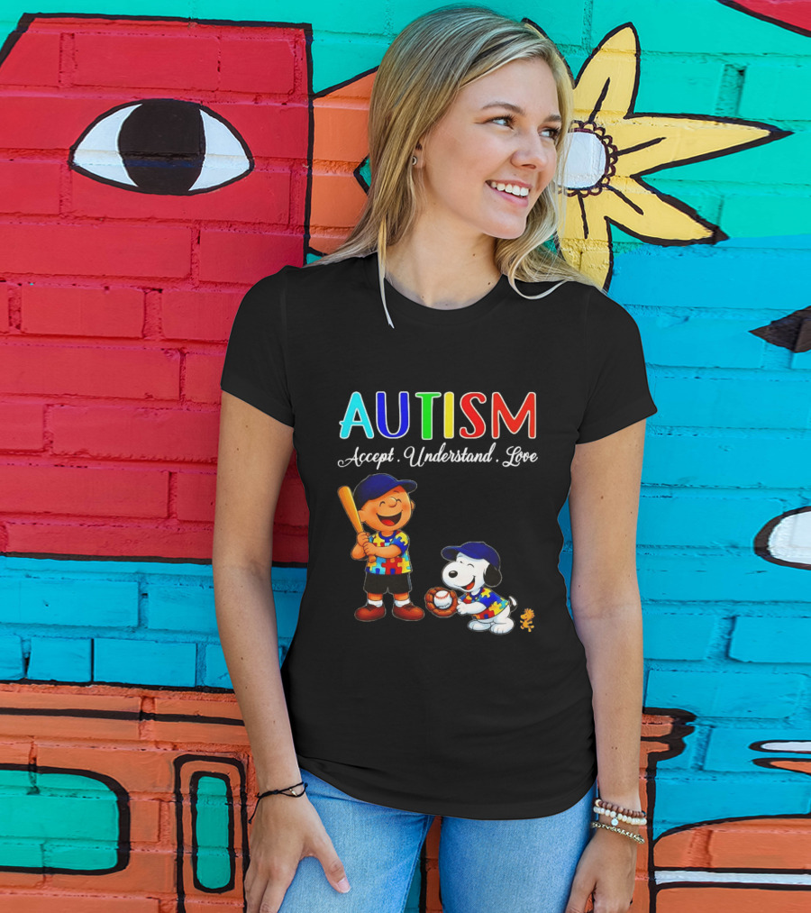 Charlie Brown Snoopy Peanuts Autism Accept Understand Love Baseball Puzzle T-Shirt