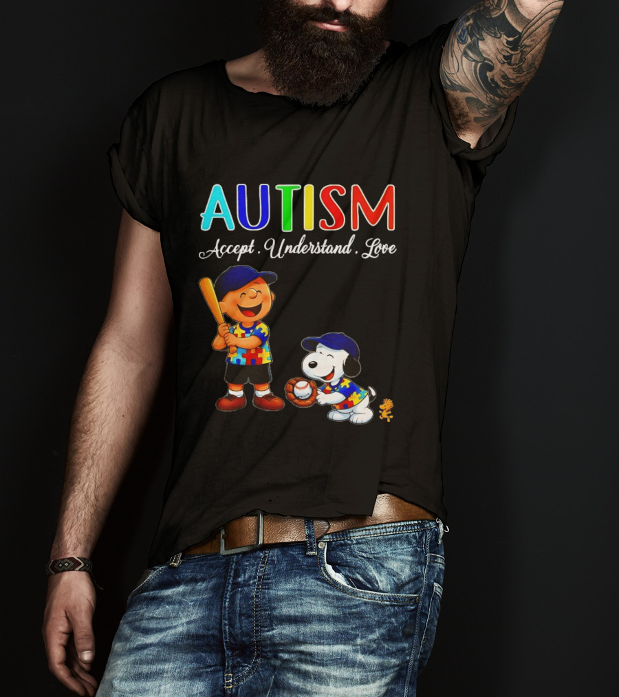 Charlie Brown Snoopy Peanuts Autism Accept Understand Love Baseball Puzzle T-Shirt