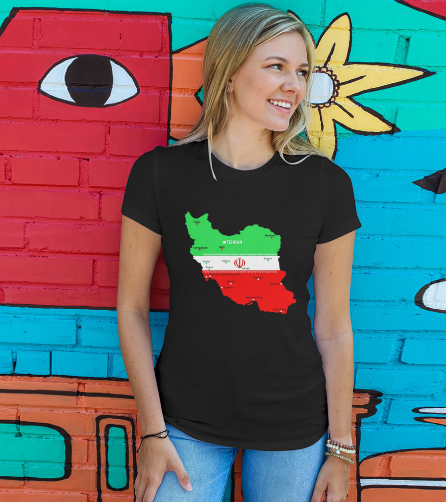 Iran Map With Flag Tehran Tabriz Mashhad Esfahan Shiraz Yazd Cities T-Shirt