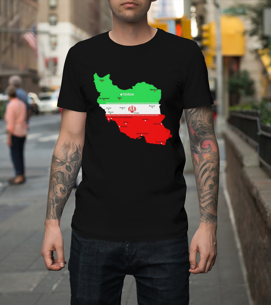 Iran Map With Flag Tehran Tabriz Mashhad Esfahan Shiraz Yazd Cities T-Shirt