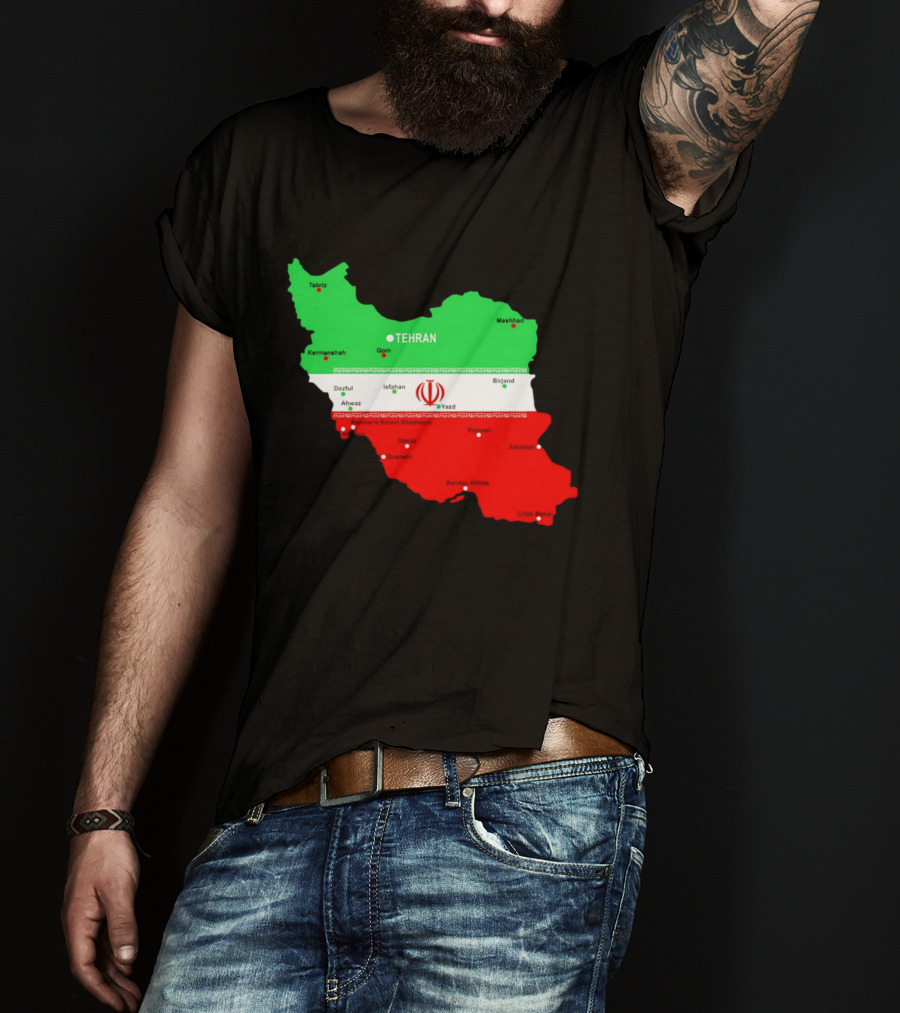 Iran Map With Flag Tehran Tabriz Mashhad Esfahan Shiraz Yazd Cities T-Shirt