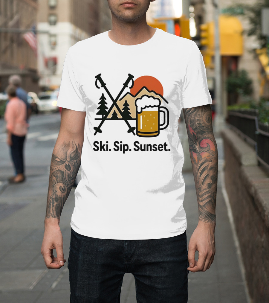 Ski Sip Sunset Mountain Beer Adventure T-Shirt