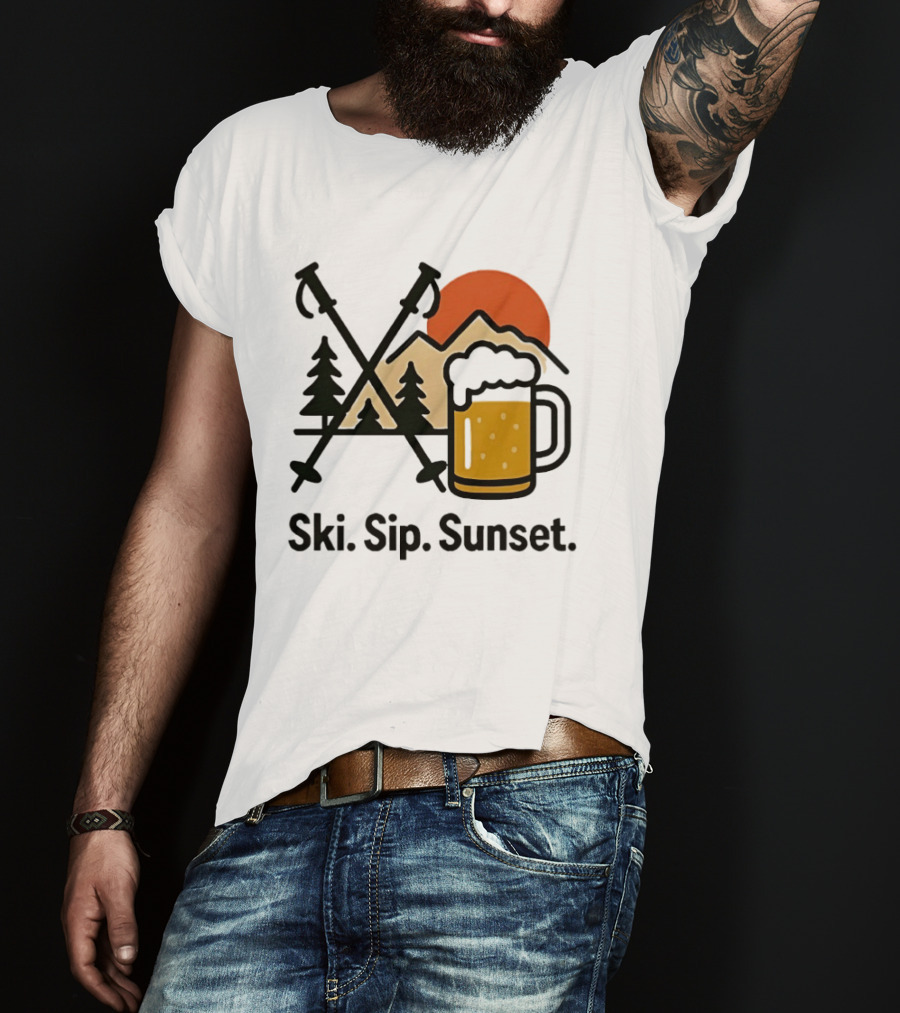 Ski Sip Sunset Mountain Beer Adventure T-Shirt