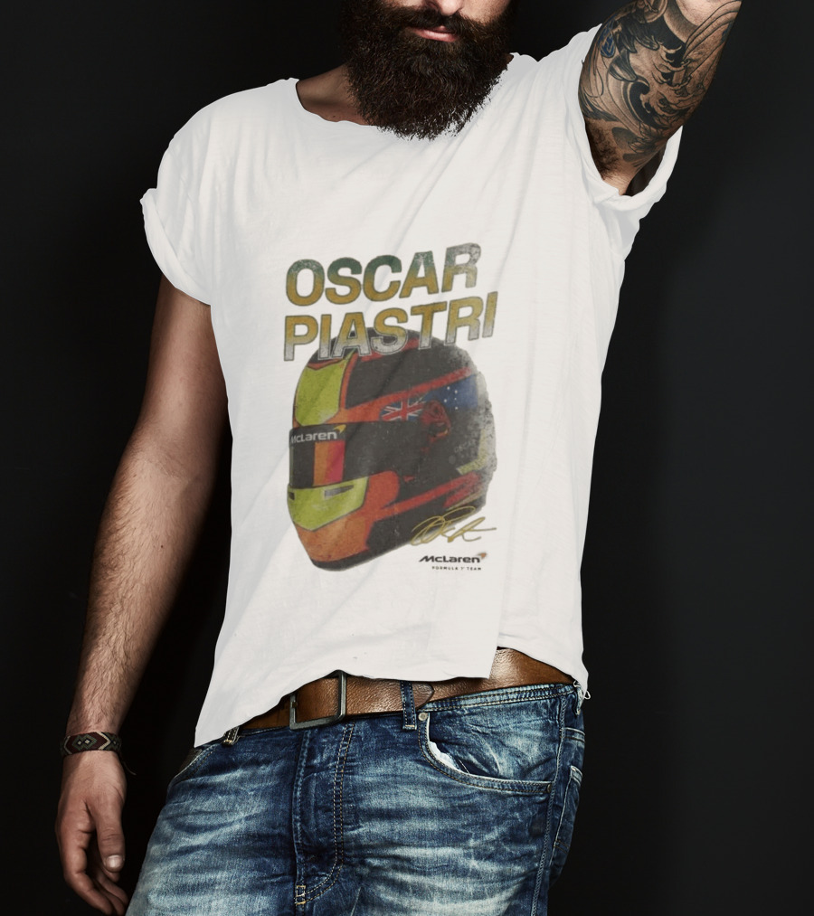 Oscar Piastri McLaren Racing Helmet Flag Signature T-Shirt