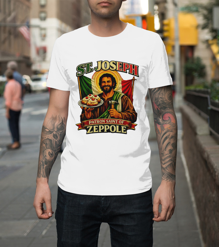 St. Joseph Patron Saint Of Zeppole With Italian Flag Icon And Halo Providing Hammer And Pastries T-Shirt