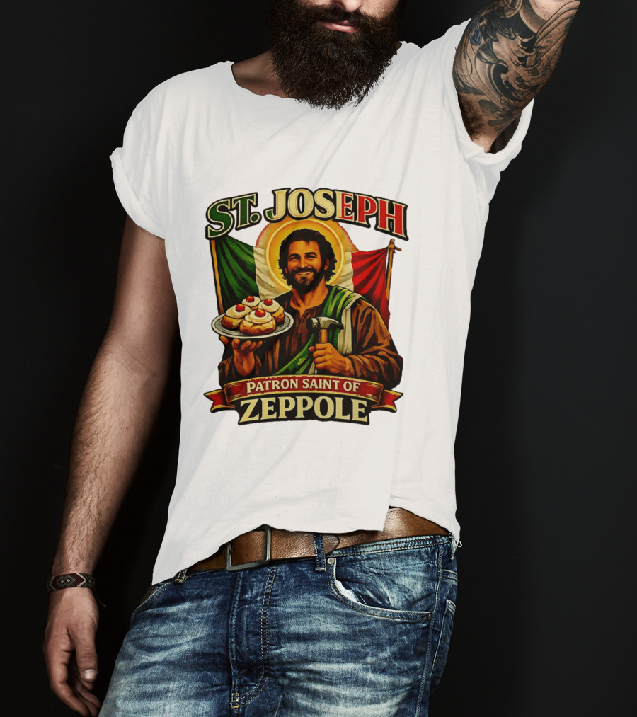 St. Joseph Patron Saint Of Zeppole With Italian Flag Icon And Halo Providing Hammer And Pastries T-Shirt