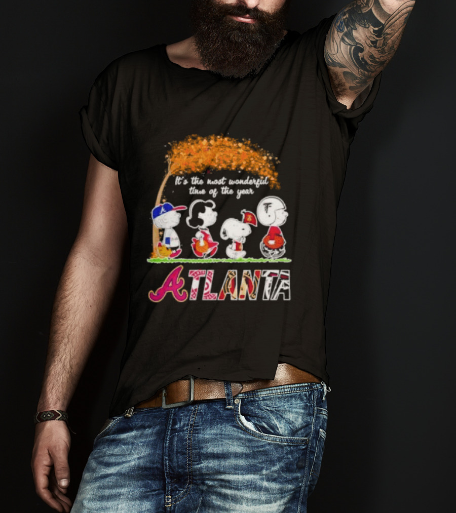 Atlanta Peanuts Characters Autumn Baseball It's The Most Wonderful Time Of The Year T-Shirt