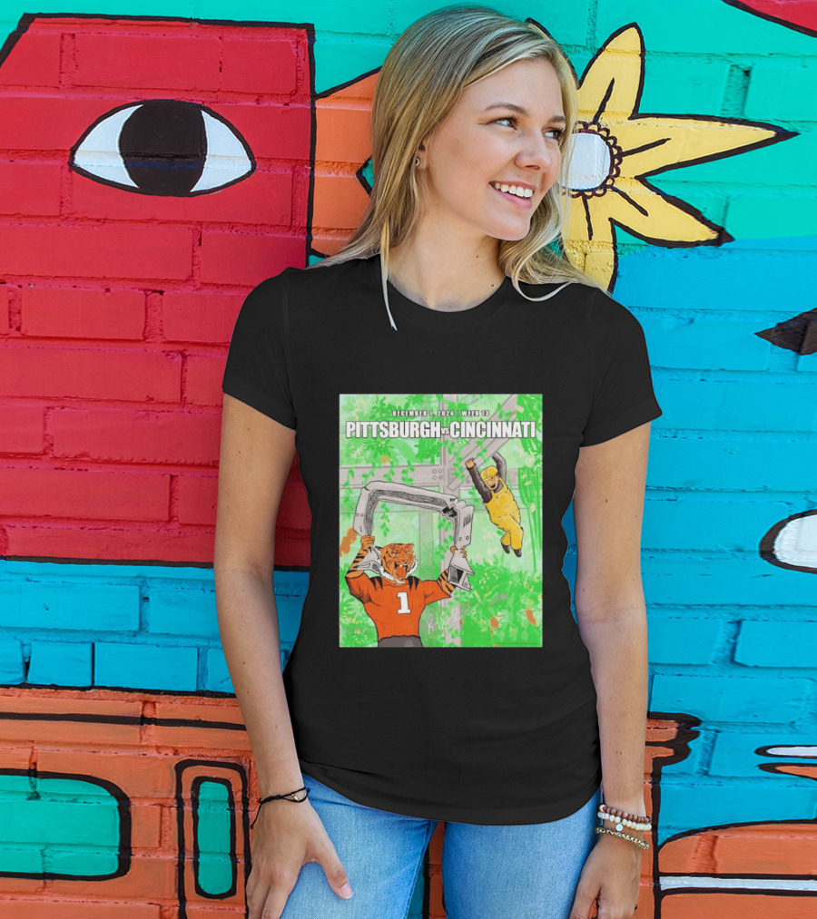 Pittsburgh Steelers Vs Cincinnati Bengals December 1 2024 Week 13 Cartoon Tiger And Construction Worker Jungle Showdown T-Shirt