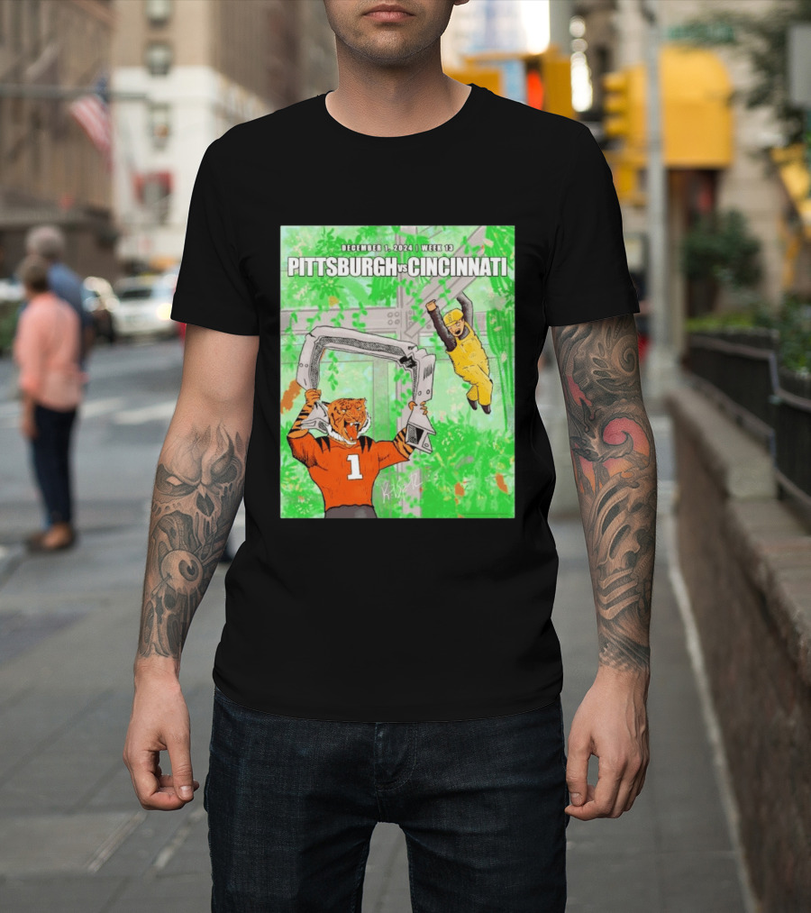 Pittsburgh Steelers Vs Cincinnati Bengals December 1 2024 Week 13 Cartoon Tiger And Construction Worker Jungle Showdown T-Shirt