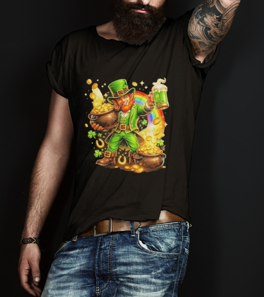 St Patricks Day Irish Leprechaun Cheers With Pot Of Gold And Rainbow Luck T-Shirt