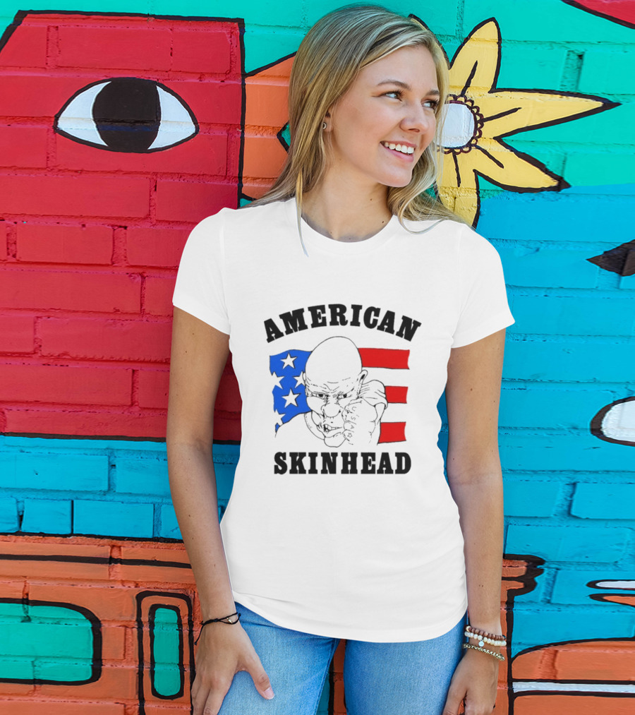 American Skinhead USA Bald Character With Flag Stars And Stripes T-Shirt